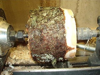 block of spruce on the wood lathe 
